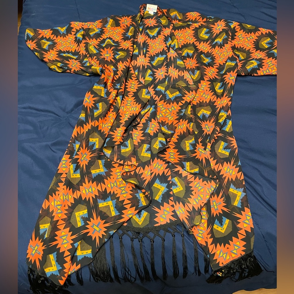Lularoe Monroe Fringe Kimono Cover Up Wrap Black & Orange Aztec Print NWOT Sz L